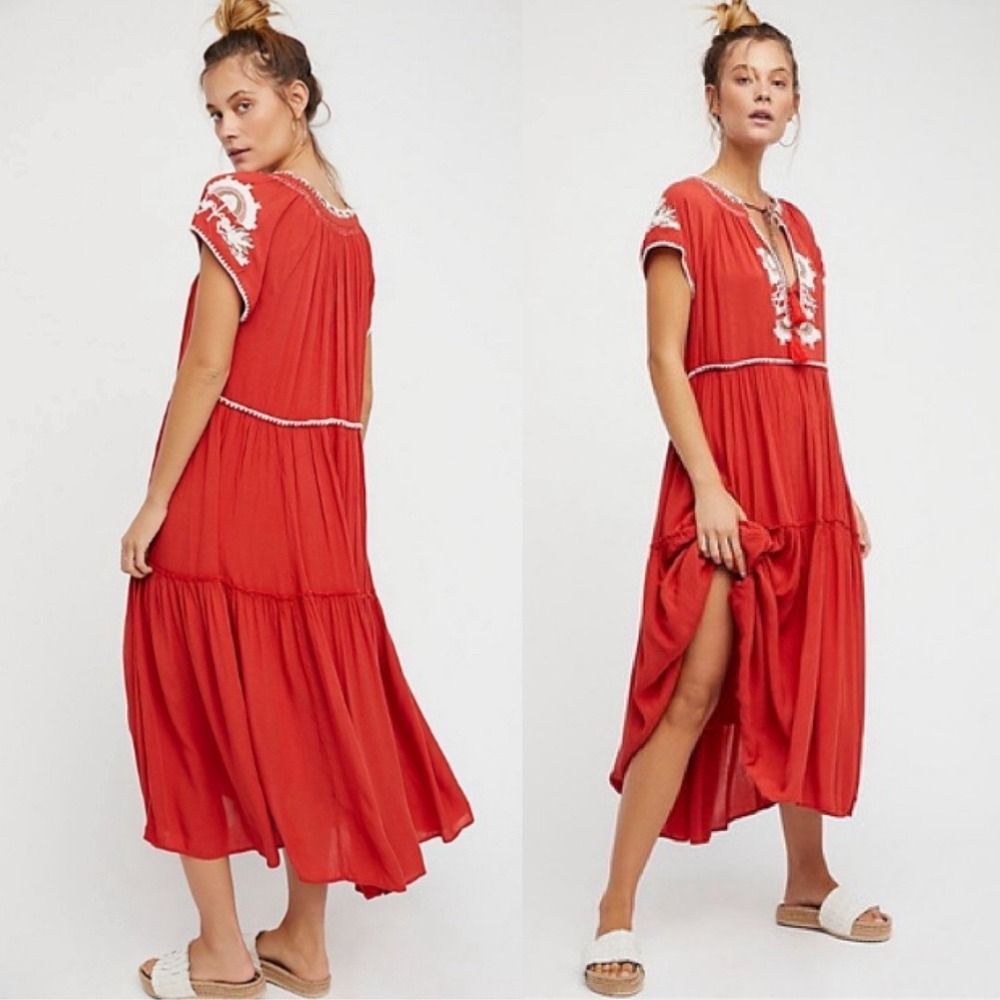 Free People Daisy Fields Maxi Dress Embroidered  Tassel Tie Bohemian Boho XS